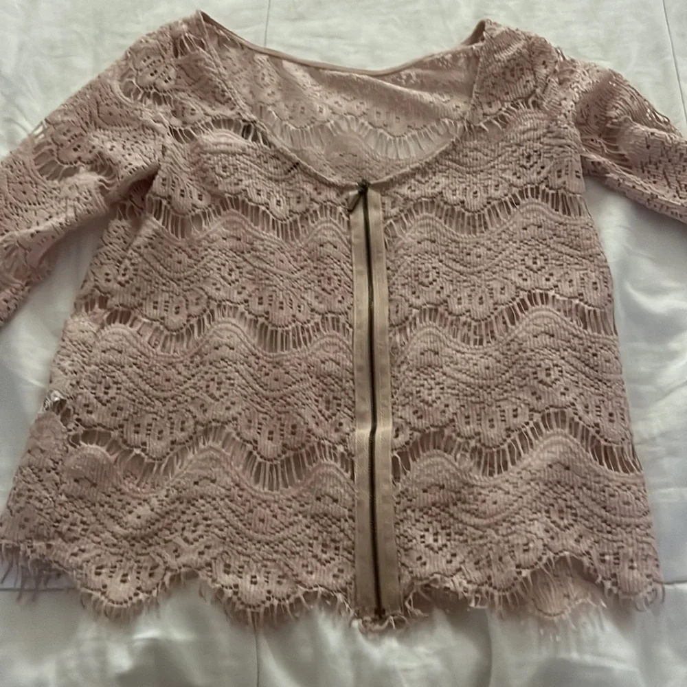 Zara Tan Cropped Embellished Sheer Blouse with 3/4 Sleeves Size Small